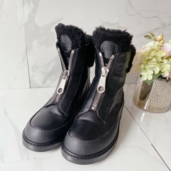 CHLOE Roy Zip Platform Combat Shearling Boots 37.5 - Picture 3 of 11